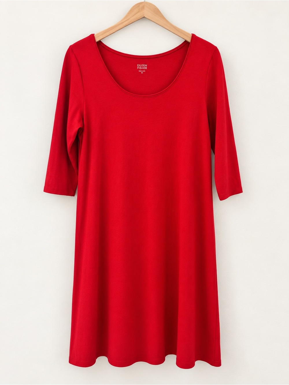 Eileen Fisher Red Organic Cotton Lycra Scoop Neck 3/4 Sleeve Dress Size M